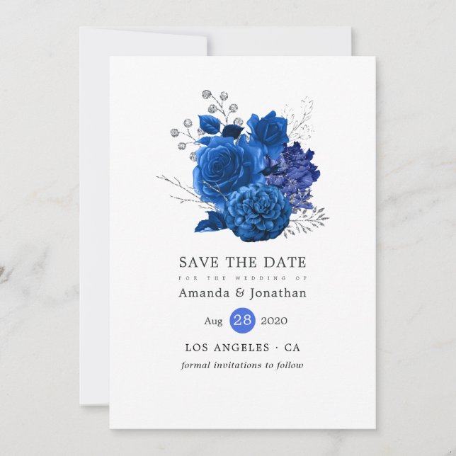 Royal Blue and Silver Floral Wedding Save The Date (Front)
