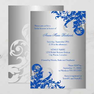 Royal Blue and Silver Flourish Bridal Shower Invitation
