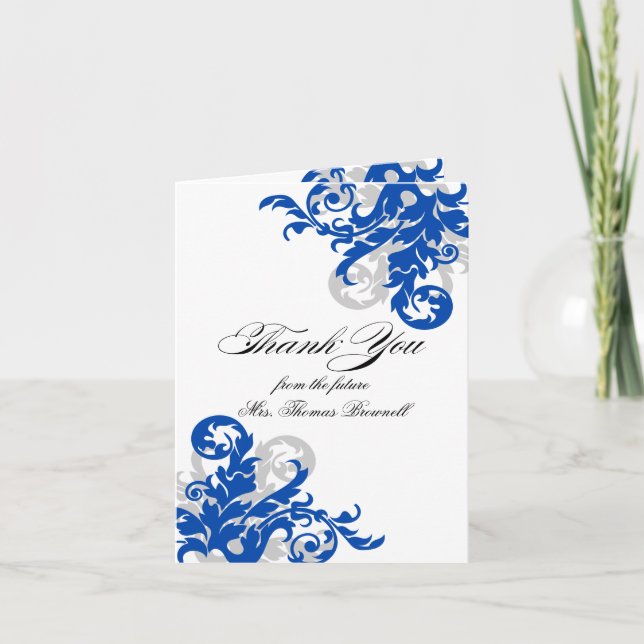 Royal Blue and Silver Flourish Thank You Card (Front)