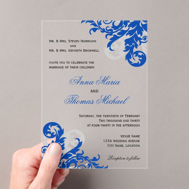 Royal Blue and Silver Flourish Wedding Acrylic Invitations (Insitu (Handheld))