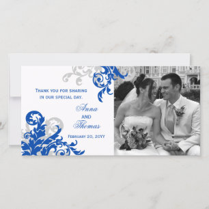 Royal Blue and Silver Flourish Wedding Photo Card