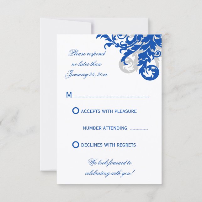 Royal Blue and Silver Flourish Wedding RSVP Card (Back)