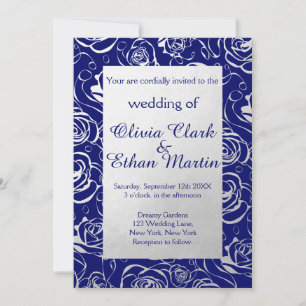 Royal Blue and Silver Foil Flowers with Rose Invitation