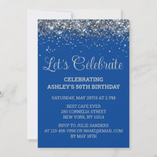 Royal Blue and Silver Glitter 50th Birthday Party Invitation