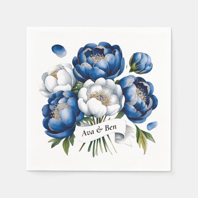Royal Blue and Silver Glittery Peony Wedding  Napkin (Front)