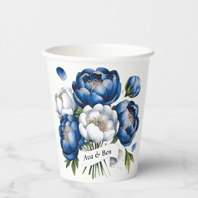Royal Blue and Silver Glittery Peony Wedding  Paper Cups (Front)