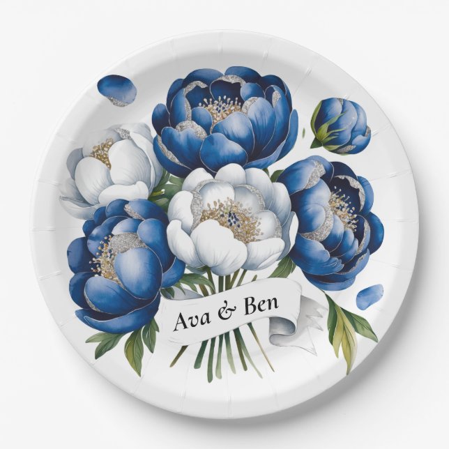 Royal Blue and Silver Glittery Peony Wedding  Paper Plate (Front)