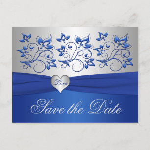 Royal Blue and Silver Heart Save the Date Card