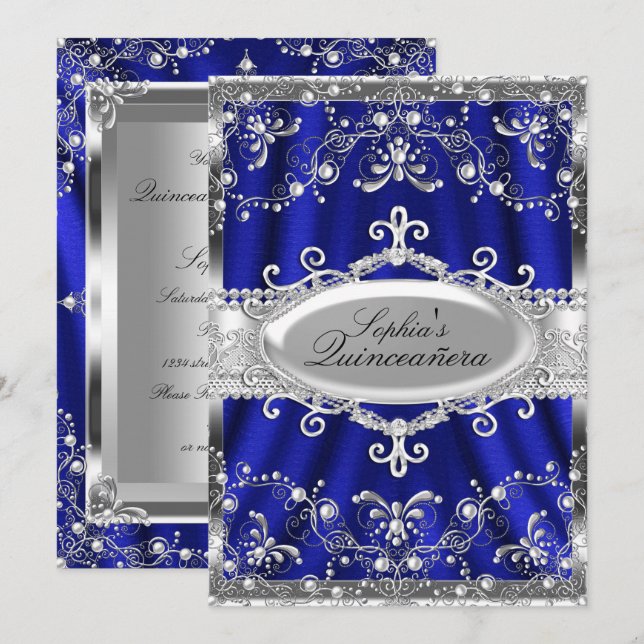 Royal Blue And Silver Jewel Damask Quinceanera Invitation (Front/Back)