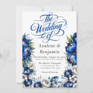 Royal Blue and Silver Peony Wedding Calligraphy Invitation