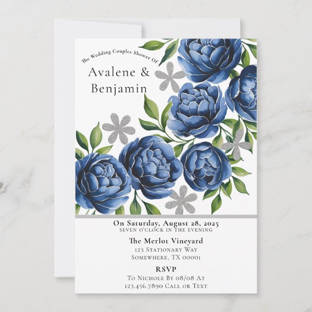 Royal Blue and Silver Peony Wedding Couples Shower Invitation (Front)