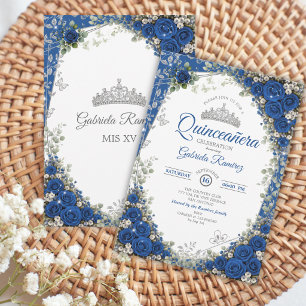 Royal Blue and Silver Quinceañera Blue Roses Invitation