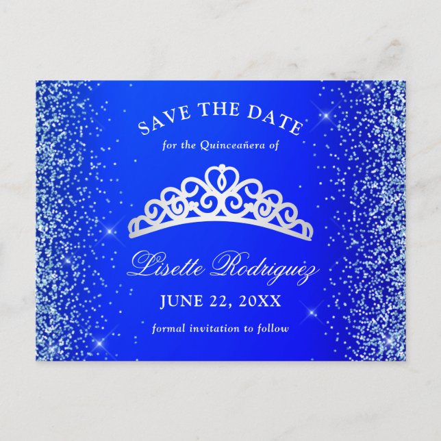 Royal Blue and Silver Quinceanera Save The Date Postcard (Front)