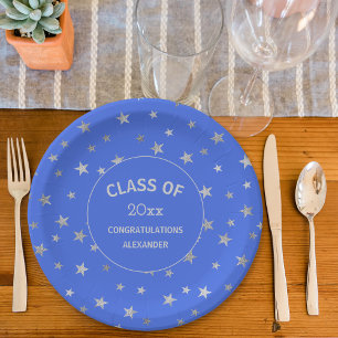 Royal blue and Silver Stars graduation party Paper Plate