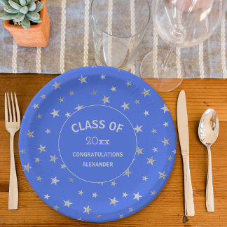 Royal blue and Silver Stars graduation party Paper Plate