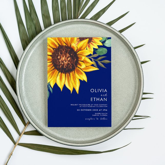 Royal Blue and Sunflower Floral Botanical Wedding Invitation (Creator Uploaded)
