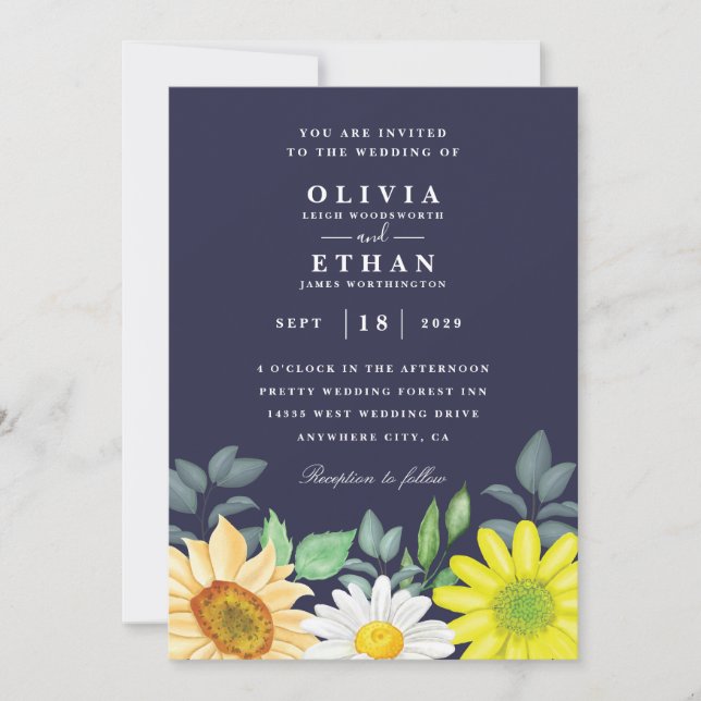 Royal blue and sunflower wedding invitations (Front)