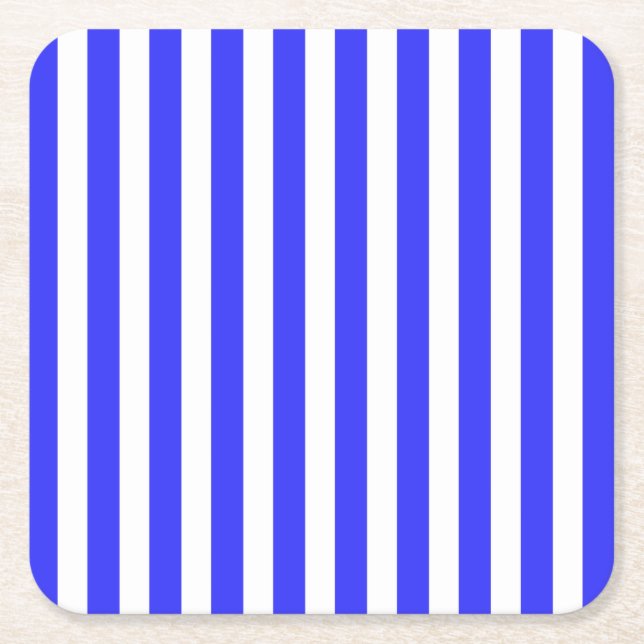 Royal blue and white candy stripes square paper coaster (Front)