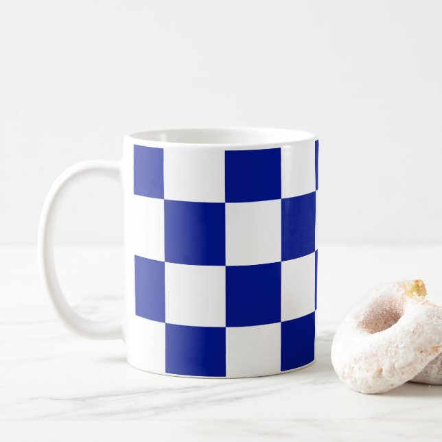 Royal Blue and White Chequered Pattern Coffee Mug (With Donut)