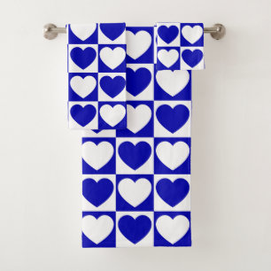 Royal Blue and White Chequered Pattern With Hearts Bath Towel Set