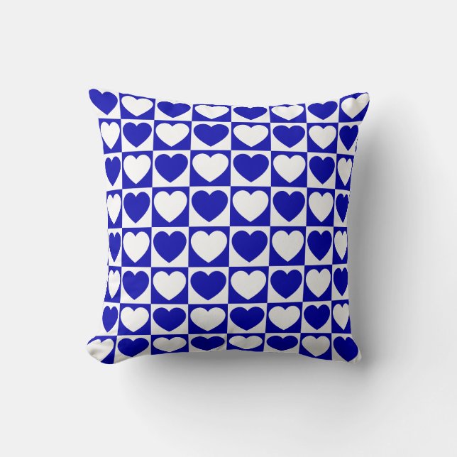 Royal Blue and White Chequered Pattern With Hearts Throw Pillow (Front)