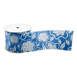 Royal Blue and White Cross Stitch Floral   Satin Ribbon