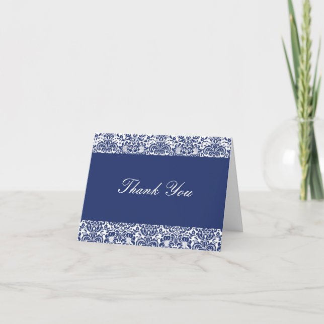 Royal Blue and White Damask Thank You Note Card (Front)