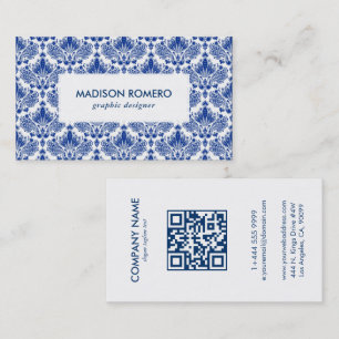 Royal Blue And White Damasks Pattern QR code Business Card