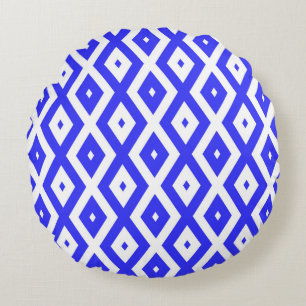 Royal blue and white diamond pattern round pillow