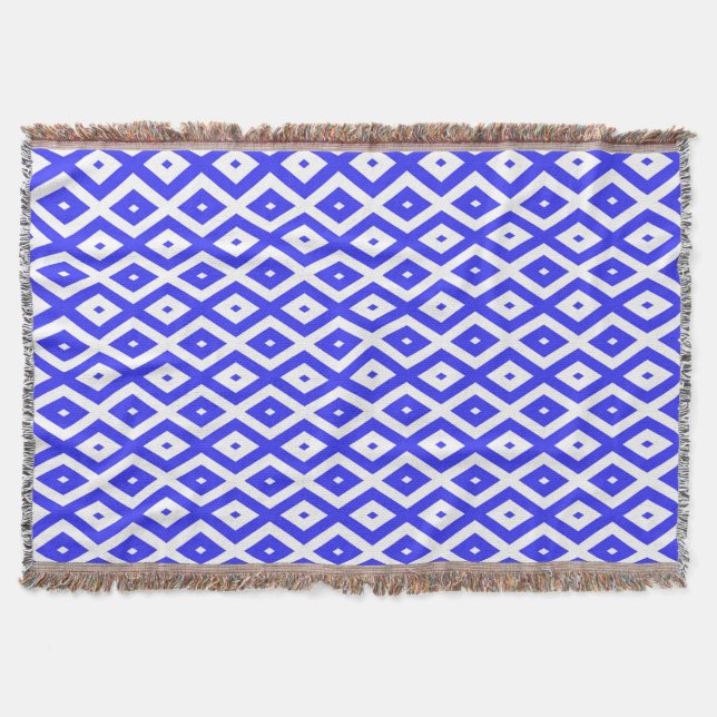 Royal blue and white diamond pattern throw blanket (Front)