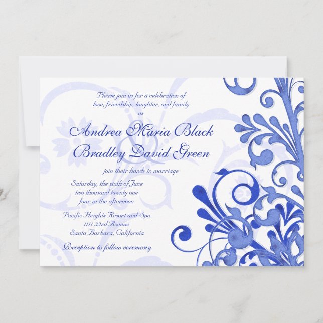 Royal Blue and White Floral Wedding Invitation (Front)