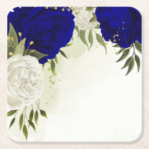 royal blue and white flowers greenery wedding square paper coaster