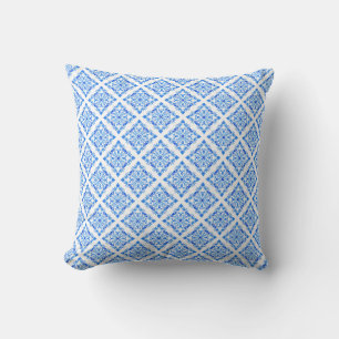 Royal Blue And White Geometric Delft Look Throw Pillow