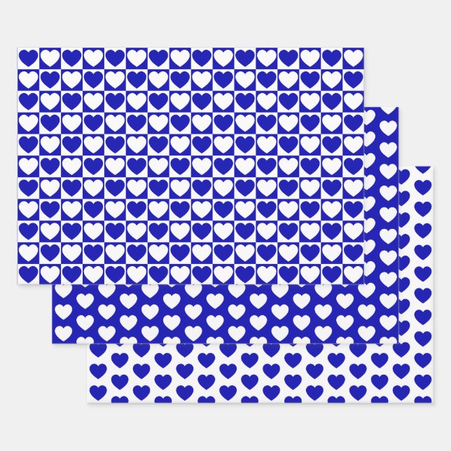 Royal Blue and White Hearts Wrapping Paper Sheet (Set)
