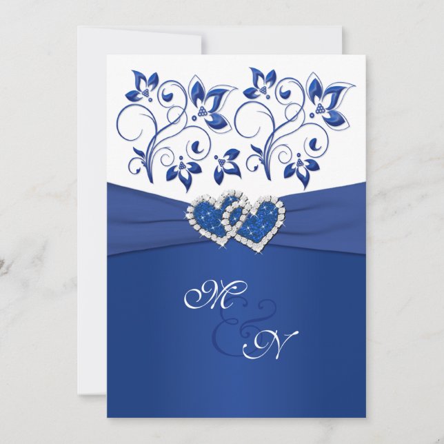 Royal Blue and White Joined Hearts Invitation (Front)