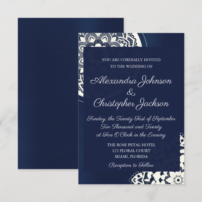 Royal Blue and White Mandala Faire-part de mariage (Devant / Derrière)