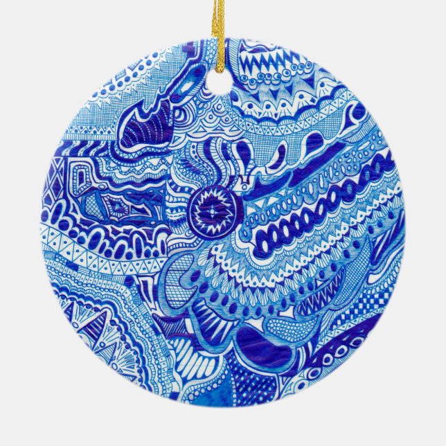 Royal Blue and White Ming style pattern art Ceramic Ornament (Back)