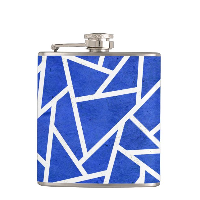 Royal blue and white mosaic pattern hip flask (Front)