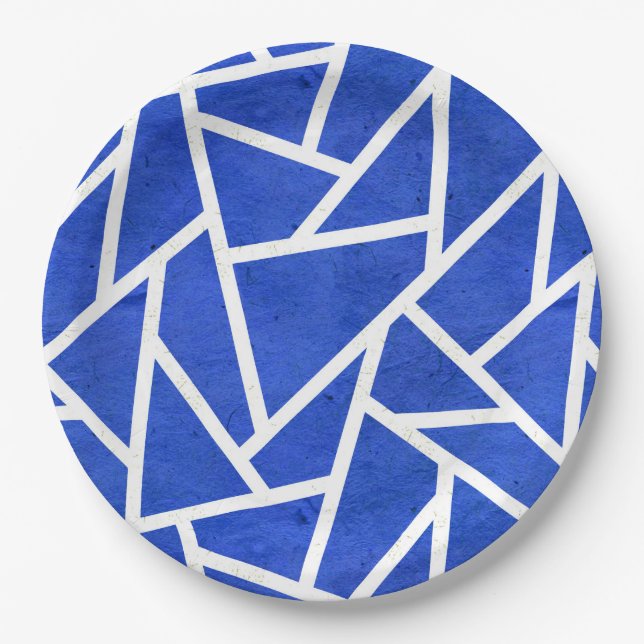 Royal blue and white mosaic pattern paper plate (Front)