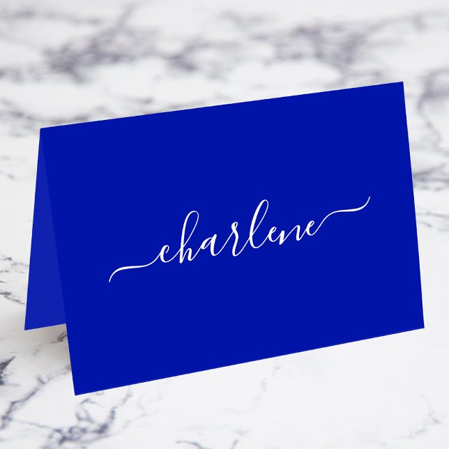 Royal Blue and White Nom élégant Cartes de place (Royal Blue and White Elegant Signature Script Individual Name Fold Your Own Place Cards)