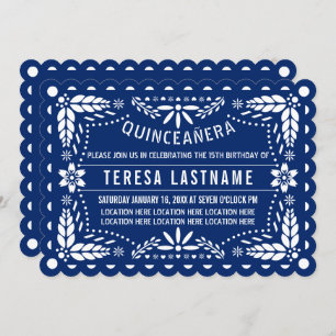 Royal blue and white papel picado Quinceañera Invitation
