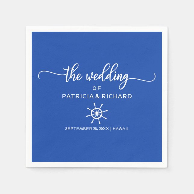 Royal Blue and White Rudder Nautical Wedding Napkin (Front)