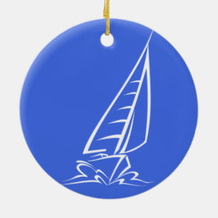 Royal Blue and White Sailing; Sail Boat Ceramic Ornament