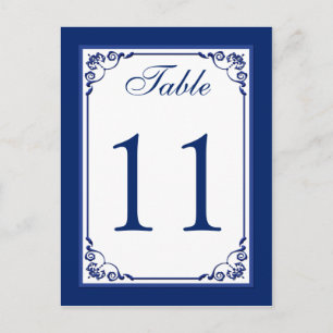 Royal Blue and White Scrolls Table Number Card