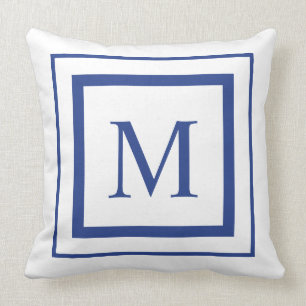 Royal blue and white  square border monogram throw pillow