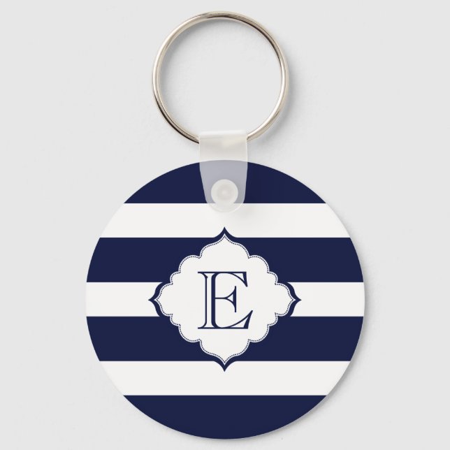 Royal Blue And White Stripes Geometric Pattern Keychain (Front)