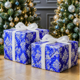 Royal Blue and White Victorian Damask Christmas Wrapping Paper
