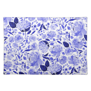 Royal Blue and White Watercolor Floral Pattern Placemat