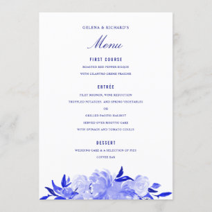 Royal Blue and White Watercolor Florals Menu