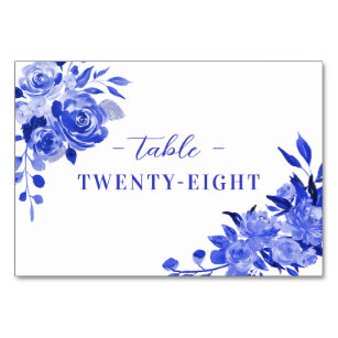 Royal Blue and White Watercolor Florals Table Number